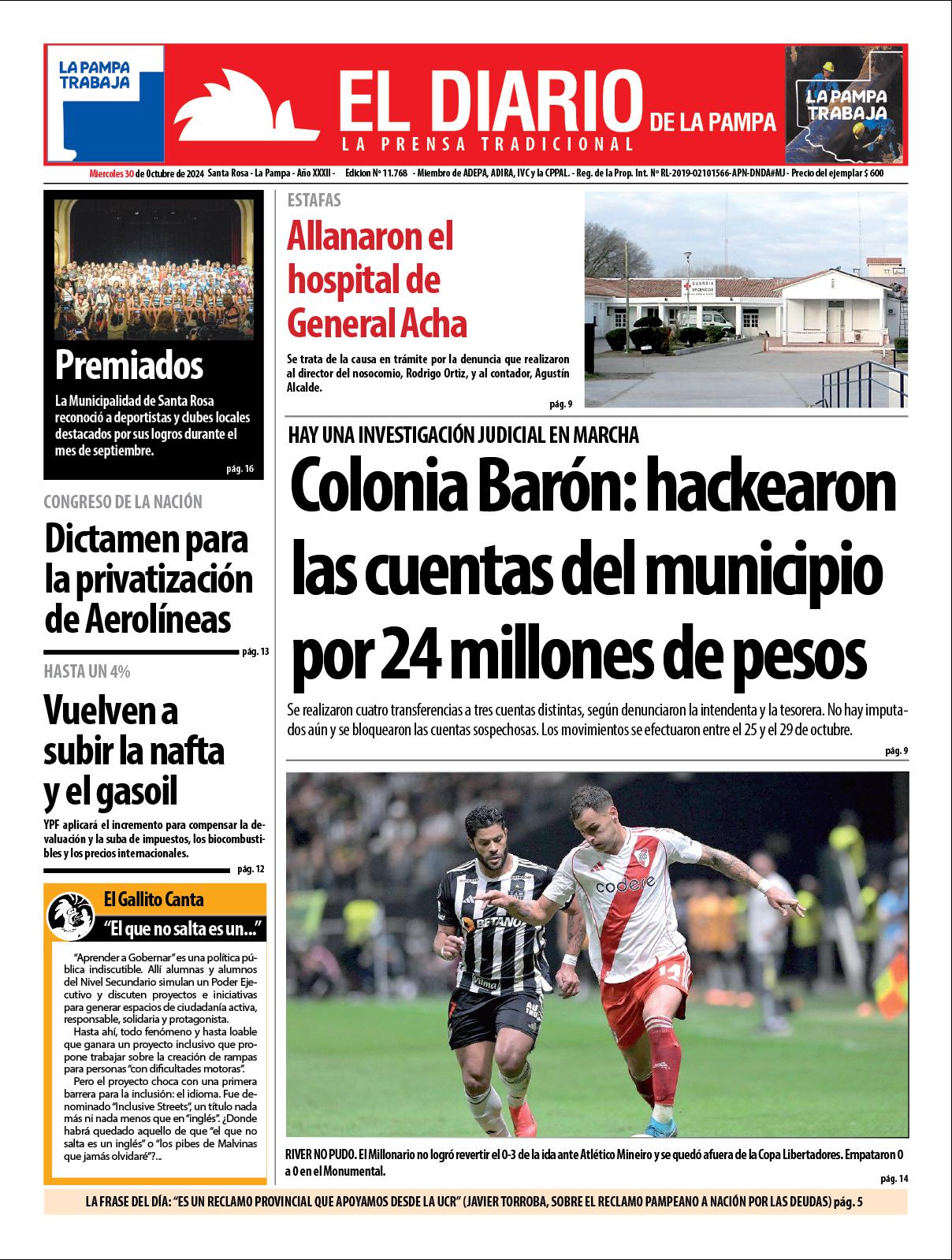 Tapa de El Diario en papel  mieacutercoles 30 de octubre de 2024